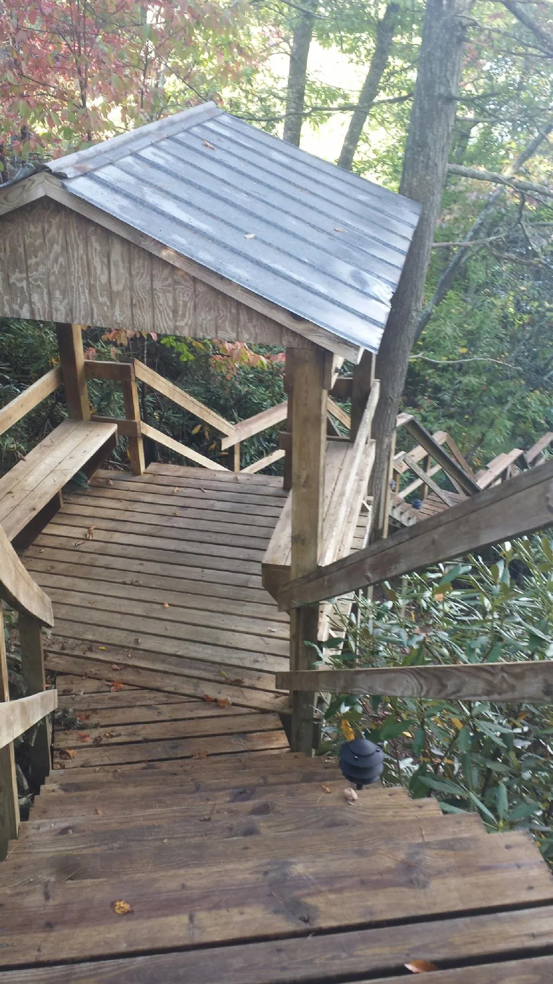 Metal roofed shelter over wooden steps on a wooded walkway — Skylight Repair & Installation work by our crew in La Jose